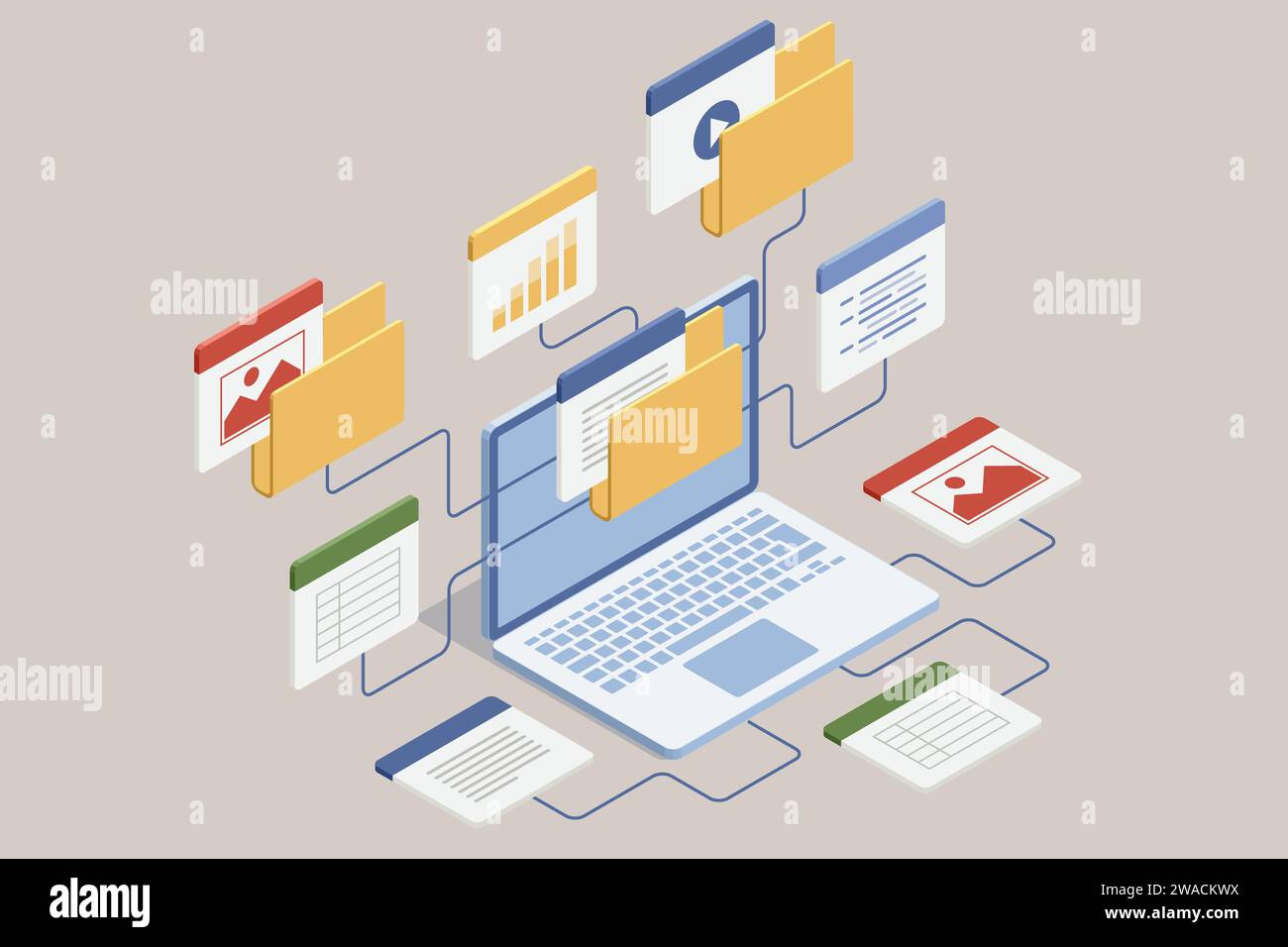 Isometric Online documentation database and digital file storage system or software. Archive managing online digital database Stock Vector