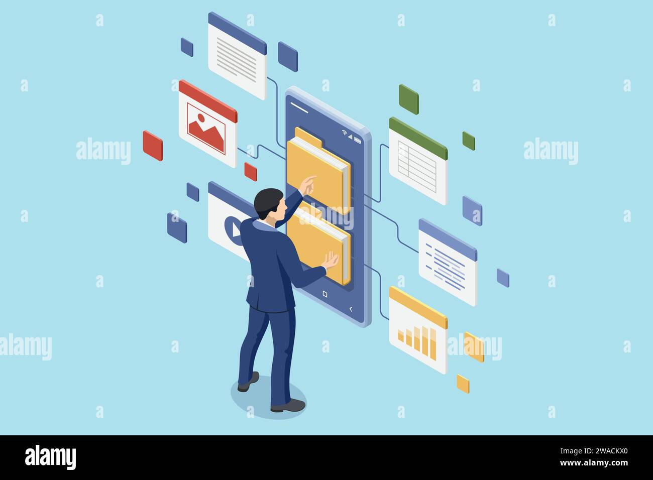 Isometric Online documentation database and digital file storage system or software. Archive managing online digital database Stock Vector
