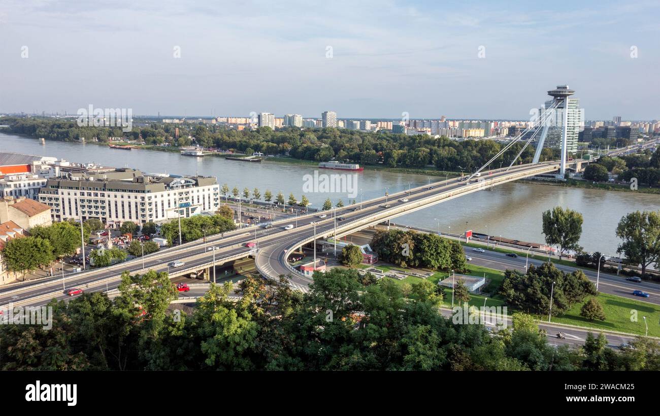 BRATISLAVA, SLOVAKIA - SEPTEMBER 6, 2014: Famous New Bridge (Novy most) in Slovakia across the river Danube Stock Photo