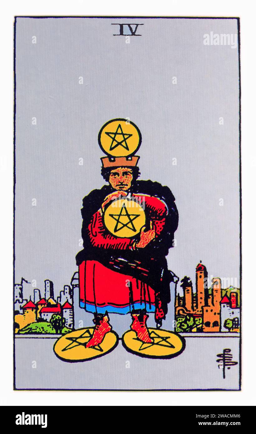Four of Pentacles - Tarot card. Studio set up. December 2023. cym Stock Photo