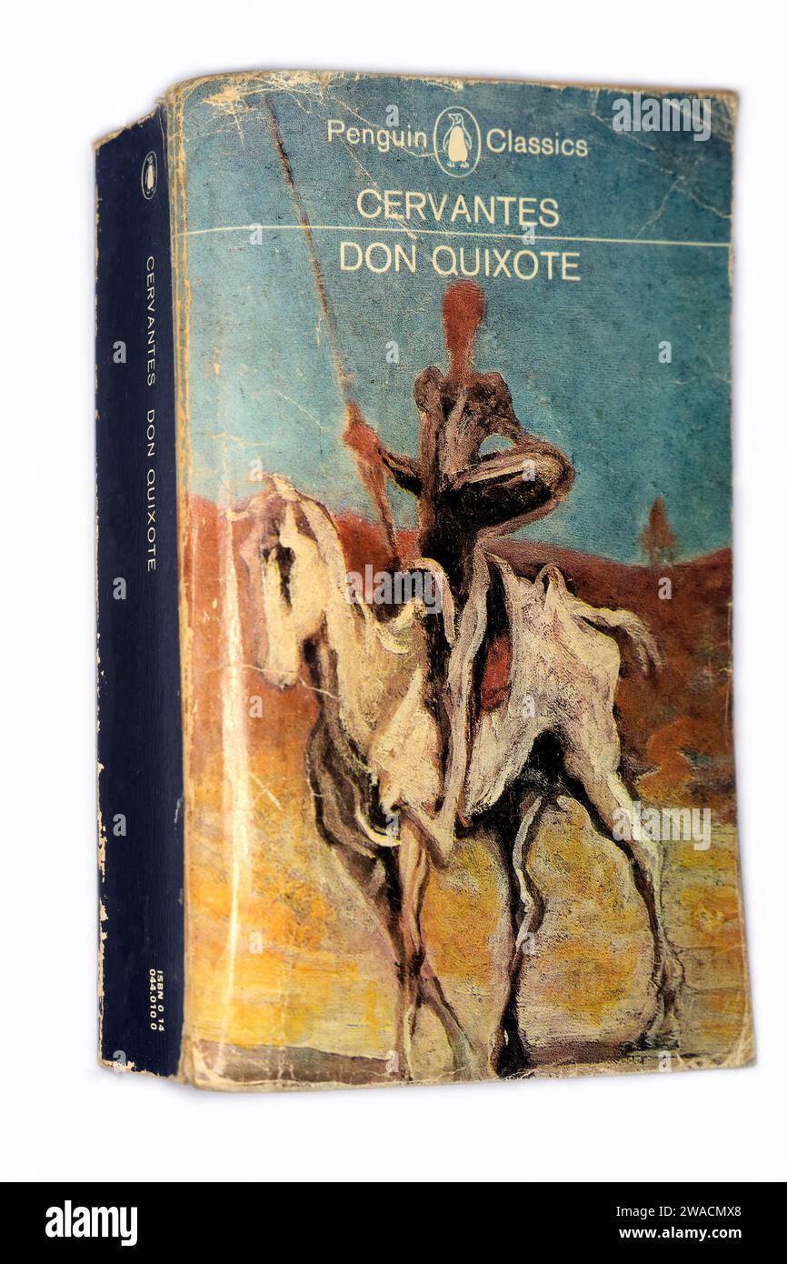 Don Quixote by Cervantes - well used paperback Penguin Classics copy. Book cover on white background. Studio set up. December 2023 Stock Photo