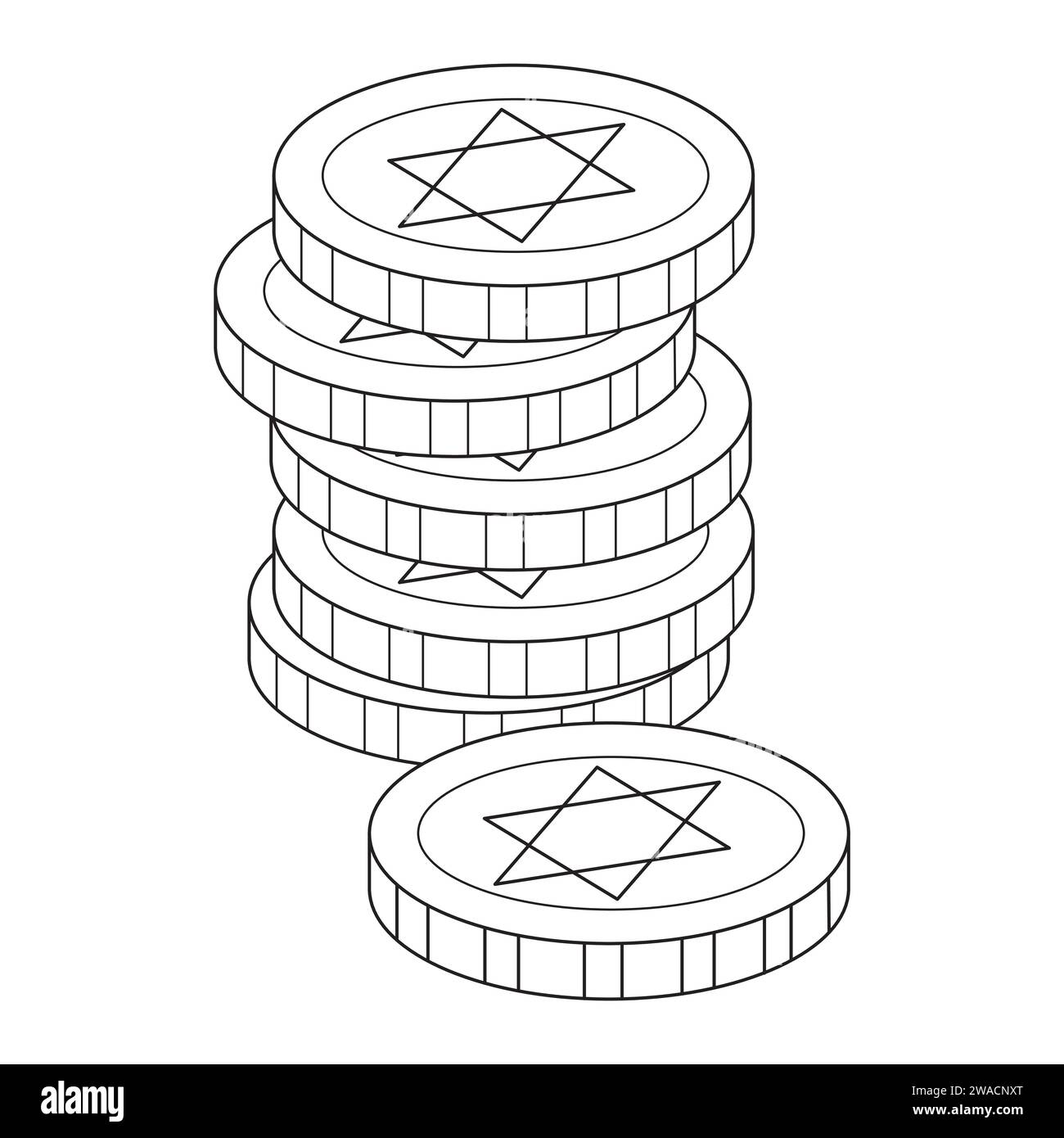 Coins, Jewish coins. Happy Hanukkah Illustration. Coloring page. Line Art. Stock Vector