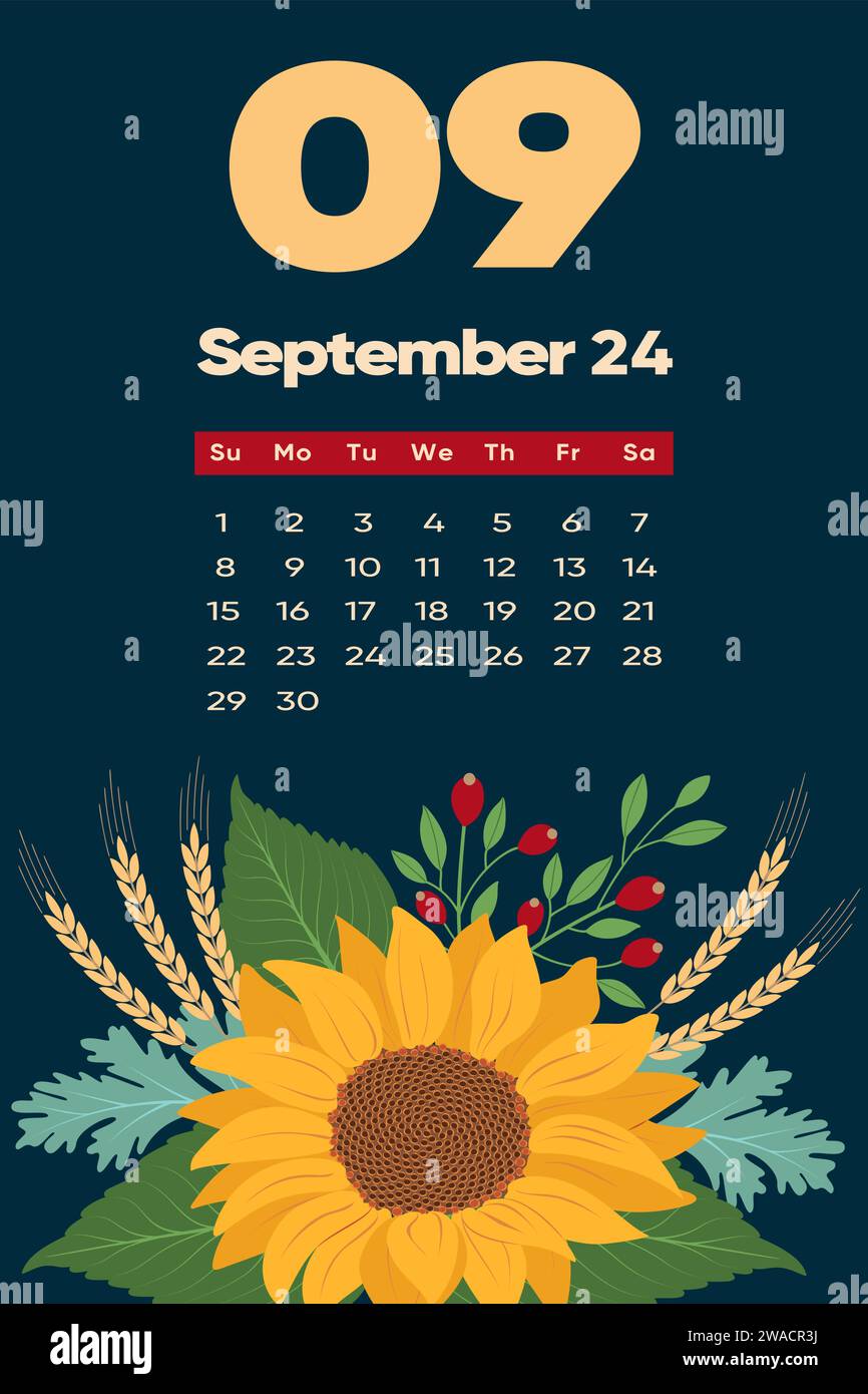 Floral September 2024 calendar template. With bright colorful flowers