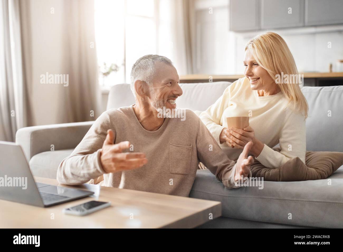Cheerful senior couple using computer at home Stock Photo
