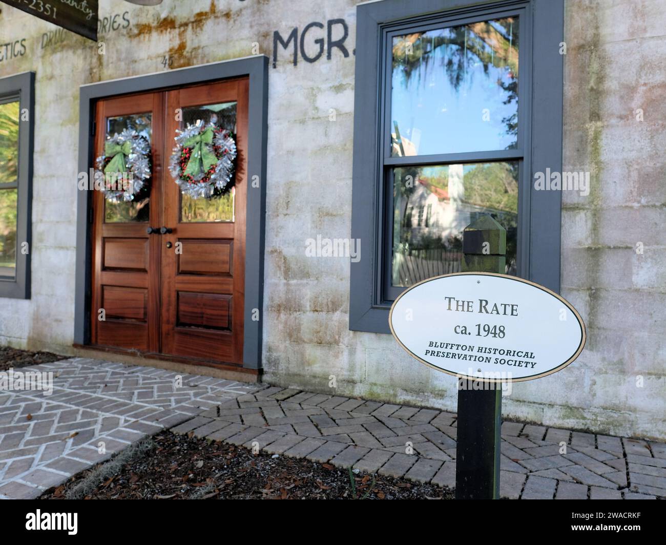 Sign at The Rate, a restored building on Bridge Street in Bluffton