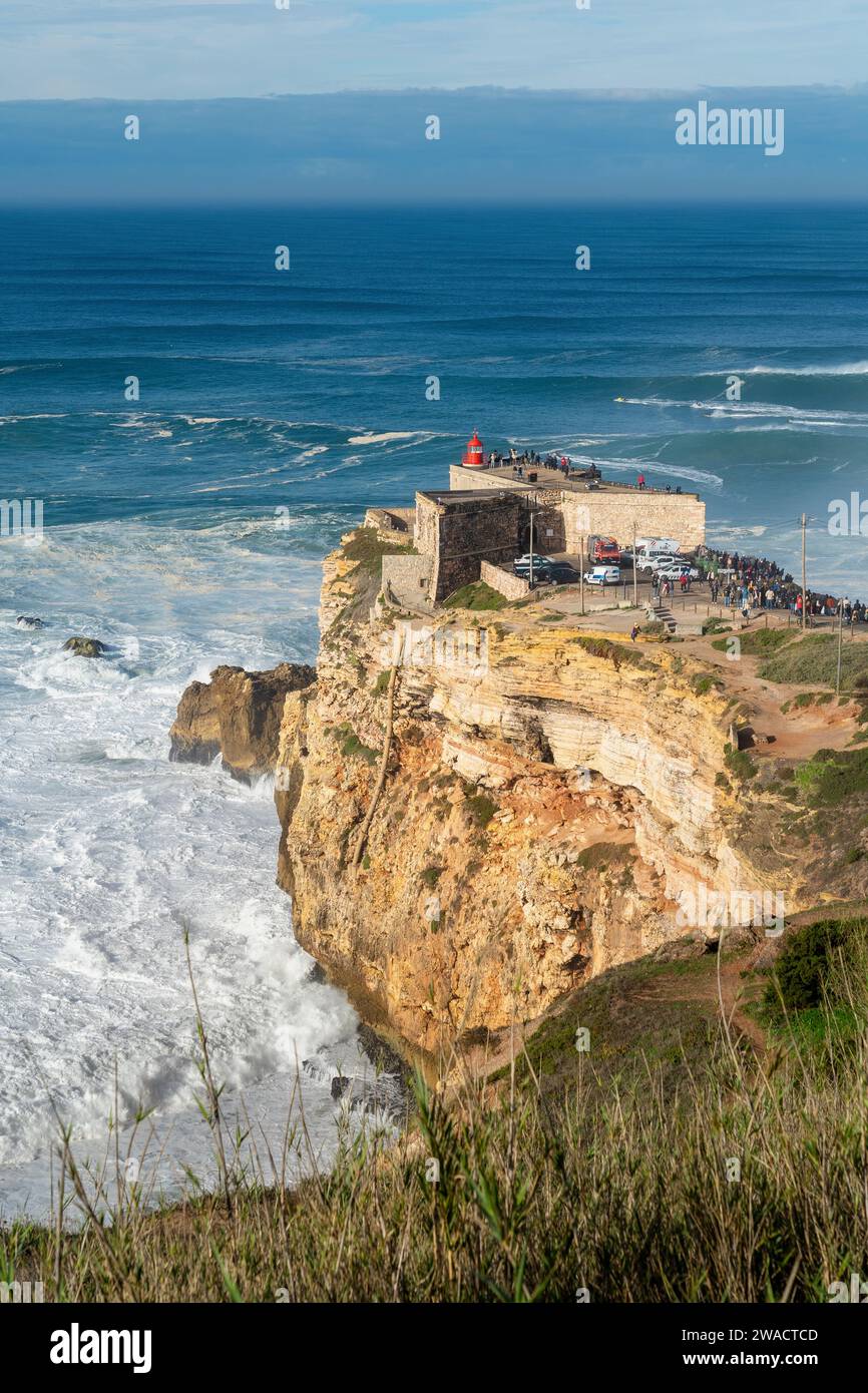 Fort of Sao Miguel Arcanjo Lighthouse in Nazare, Portugal. Stock Photo