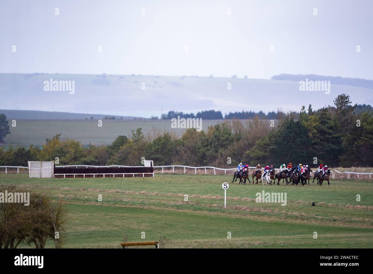 Action from Larkhill Racecourse, Wiltshire, UK, as the Larkhill Racing Club held their annual point-to-point race meeting on New Years' Eve 2023. Stock Photo