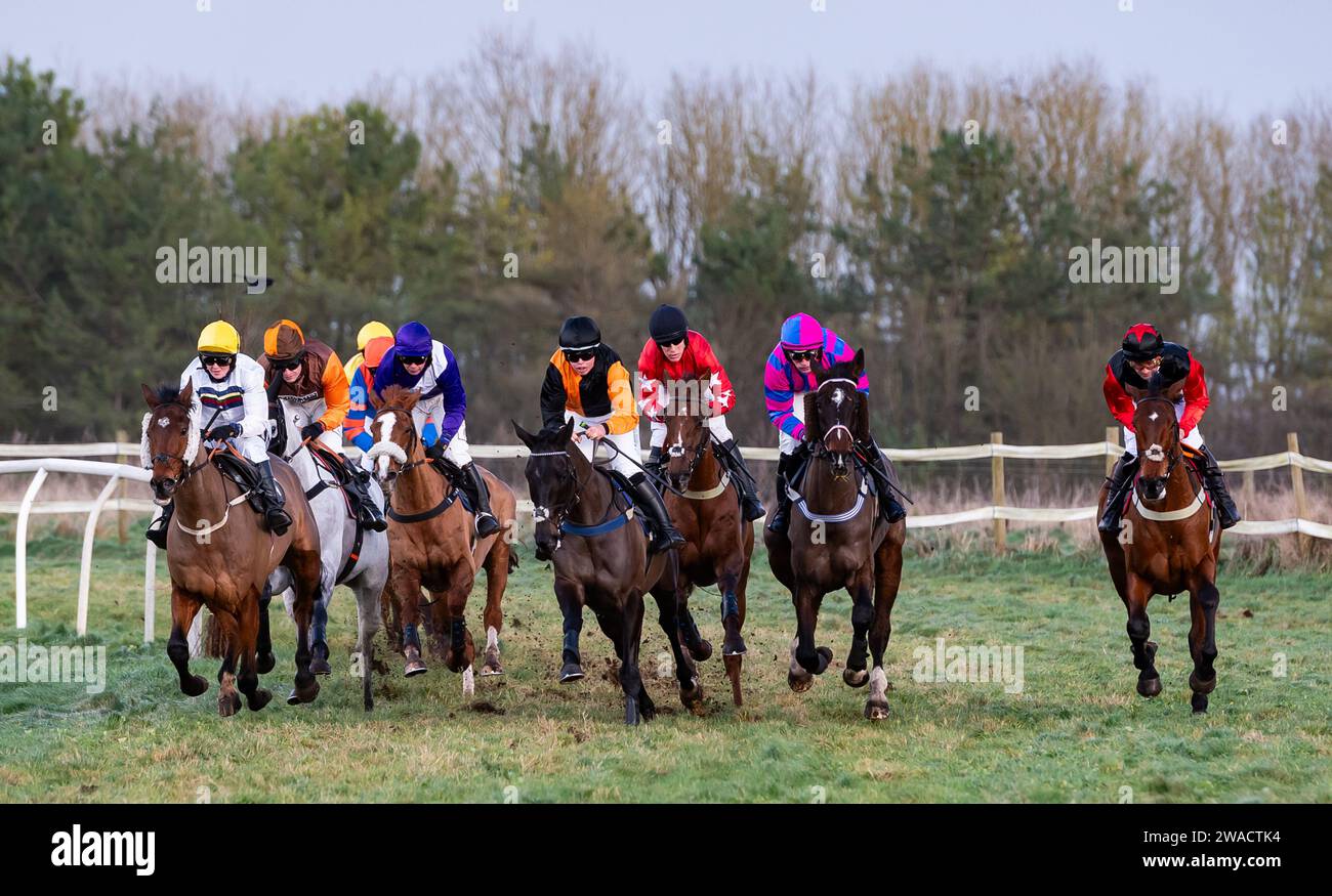 Action from Larkhill Racecourse, Wiltshire, UK, as the Larkhill Racing Club held their annual point-to-point race meeting on New Years' Eve 2023. Stock Photo