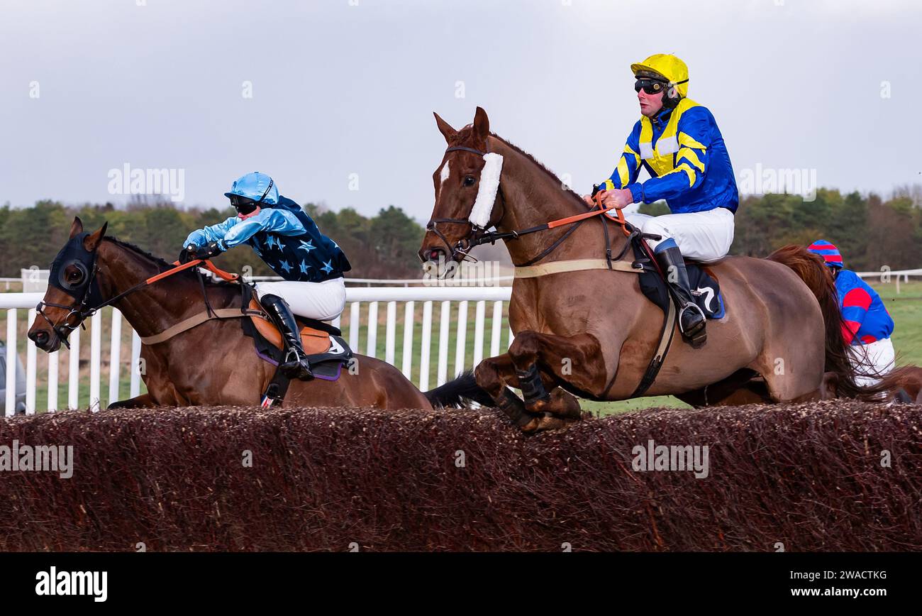 Action from Larkhill Racecourse, Wiltshire, UK, as the Larkhill Racing Club held their annual point-to-point race meeting on New Years' Eve 2023. Stock Photo