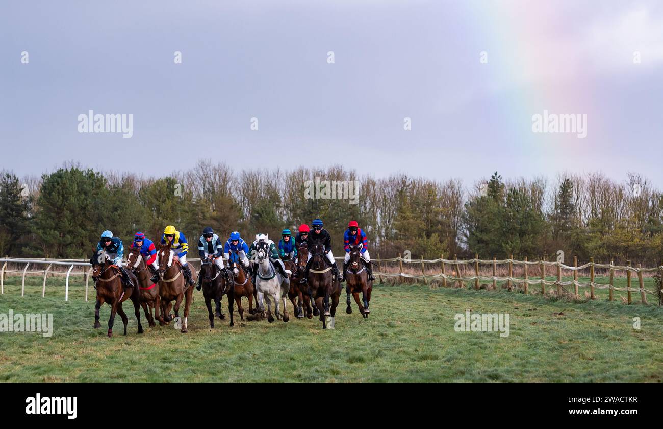 Action from Larkhill Racecourse, Wiltshire, UK, as the Larkhill Racing Club held their annual point-to-point race meeting on New Years' Eve 2023. Stock Photo