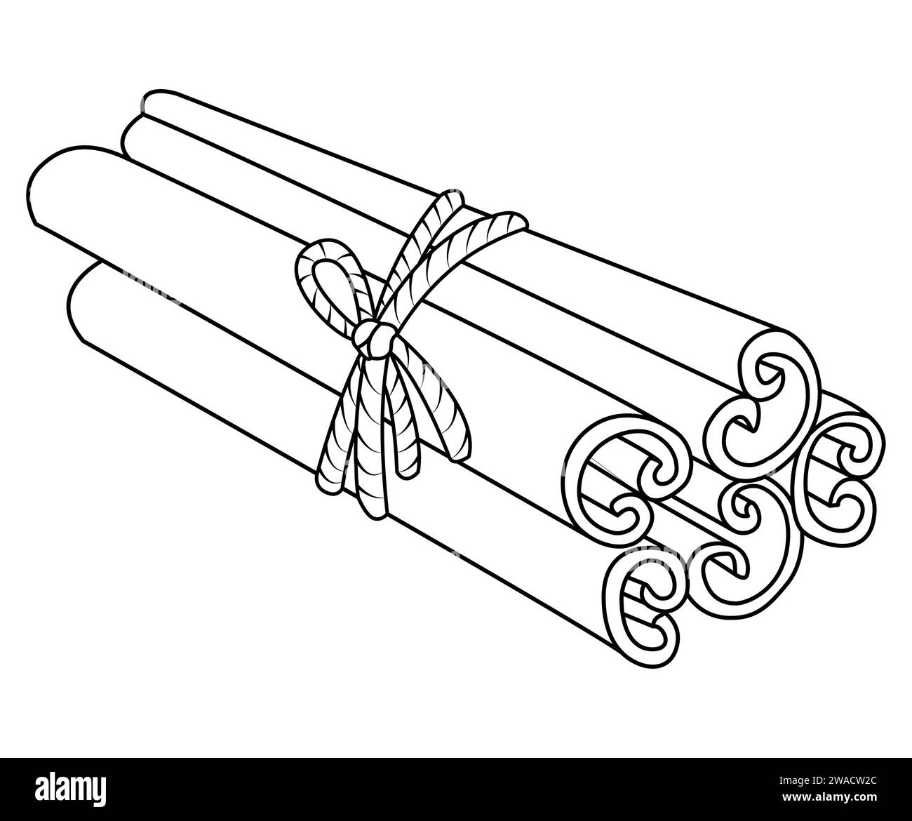 Decorative composition with cinnamon sticks isolated on white. Spice set. Christmas spices cinnamon. Vector illustration. line art drawing coloring page.  Stock Vector