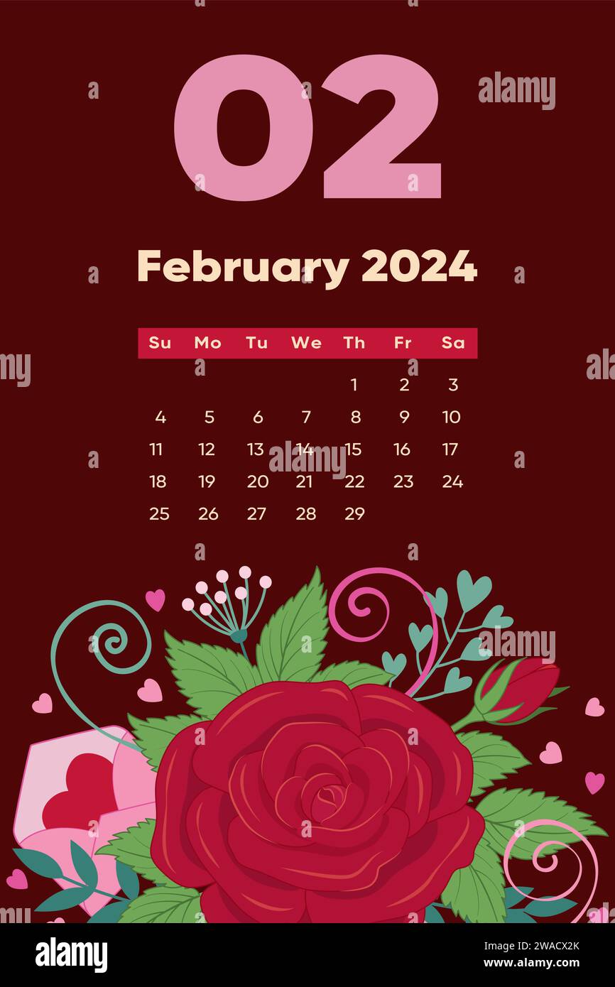 Floral February 2024 calendar template. With bright colorful flowers