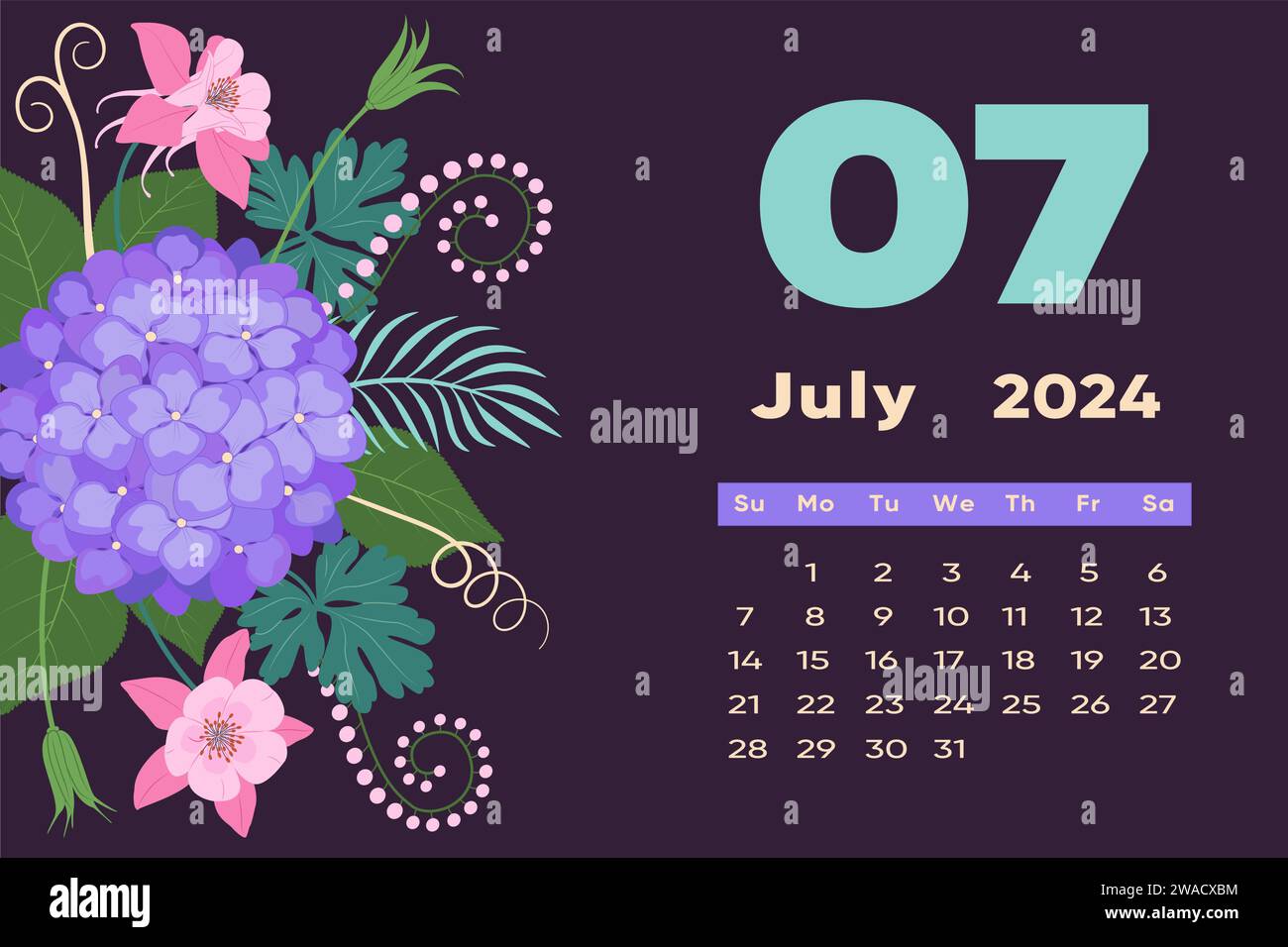 Floral July 2024 calendar template. With bright colorful flowers and