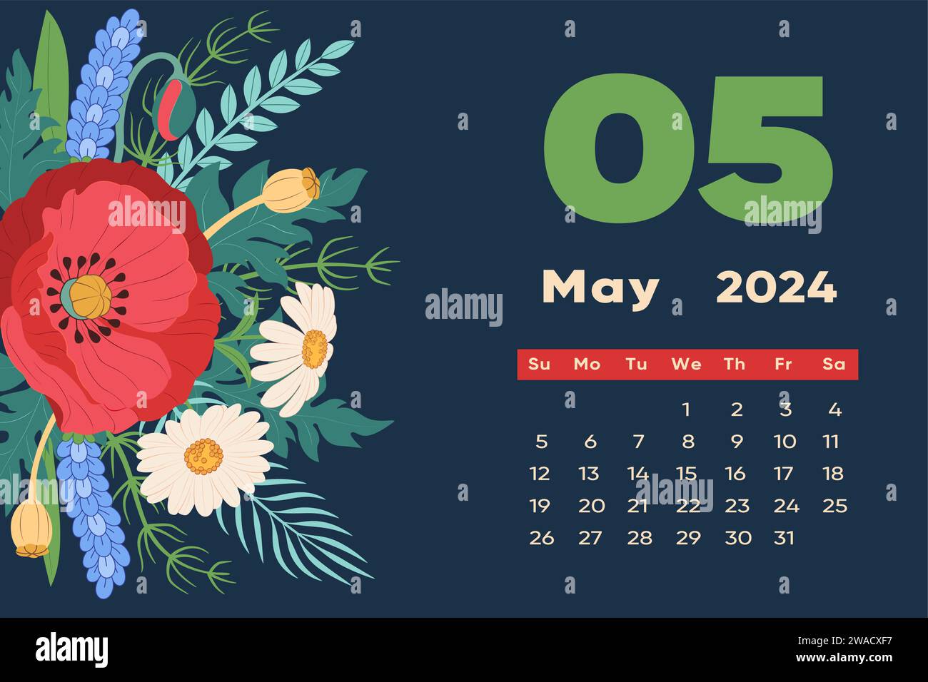 Floral May 2024 calendar template. With bright colorful flowers and