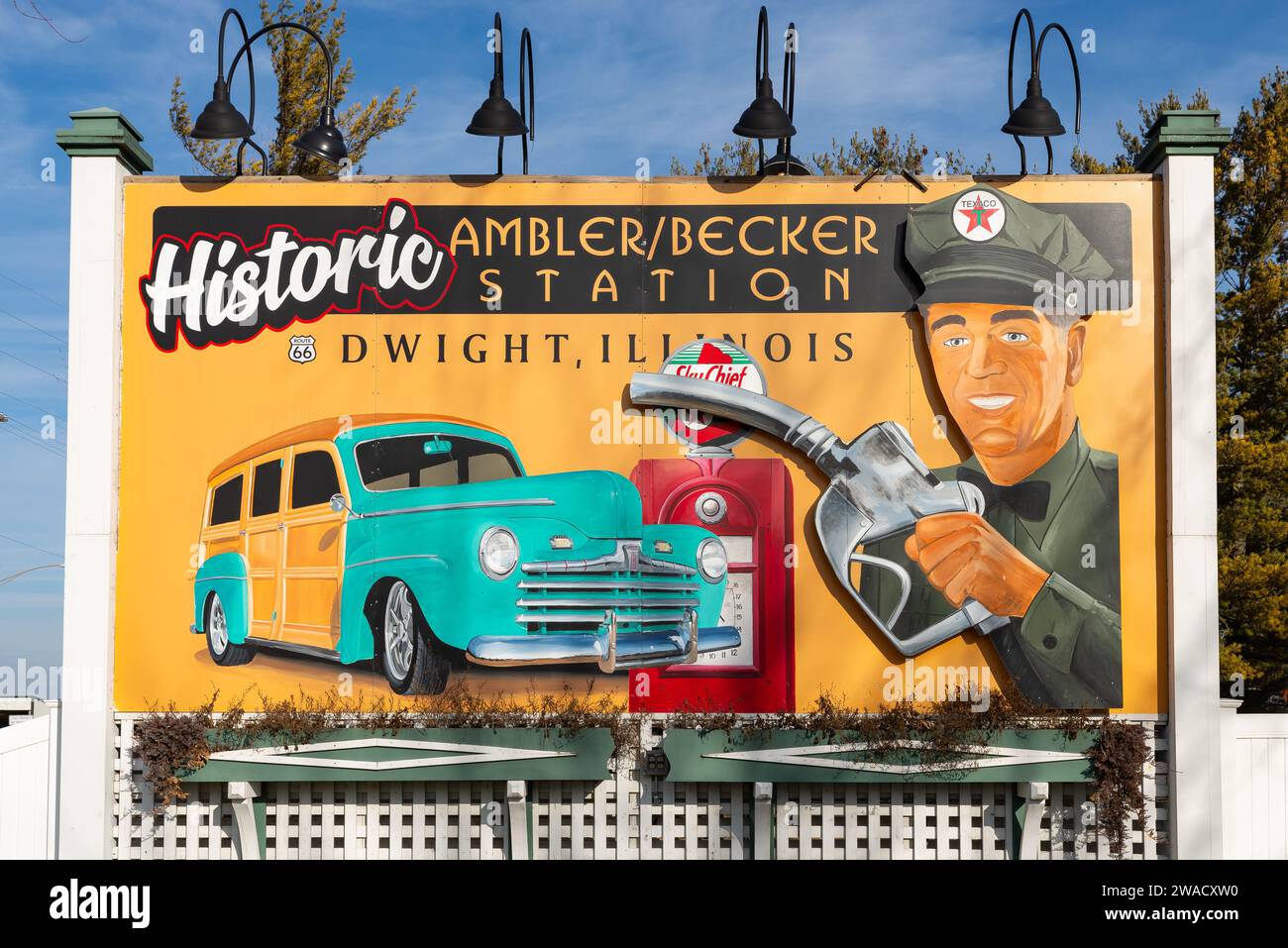 Dwight, Illinois - United States - January 2nd, 2024: Roadside attraction billboard for the historic Ambler and Becker Station on historic Route 66 in Stock Photo