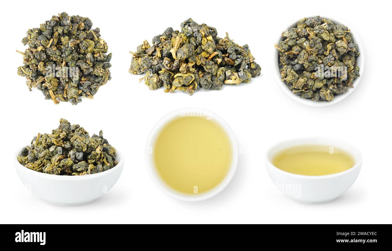 Taiwan Jin Xuan Oolong, collection of loose leaves and bowls of brewed oolong tea isolated on white background Stock Photo
