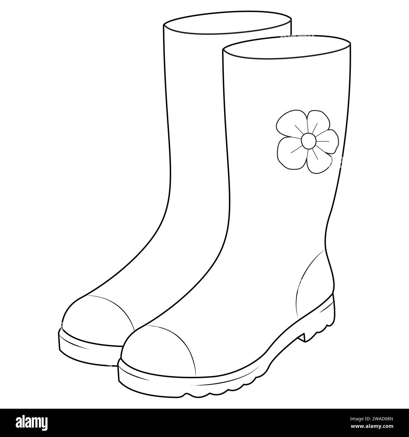 Illustration with rubber boots. Line drawing, vector graphics. Black and white picture for coloring. Vector illustration Stock Vector