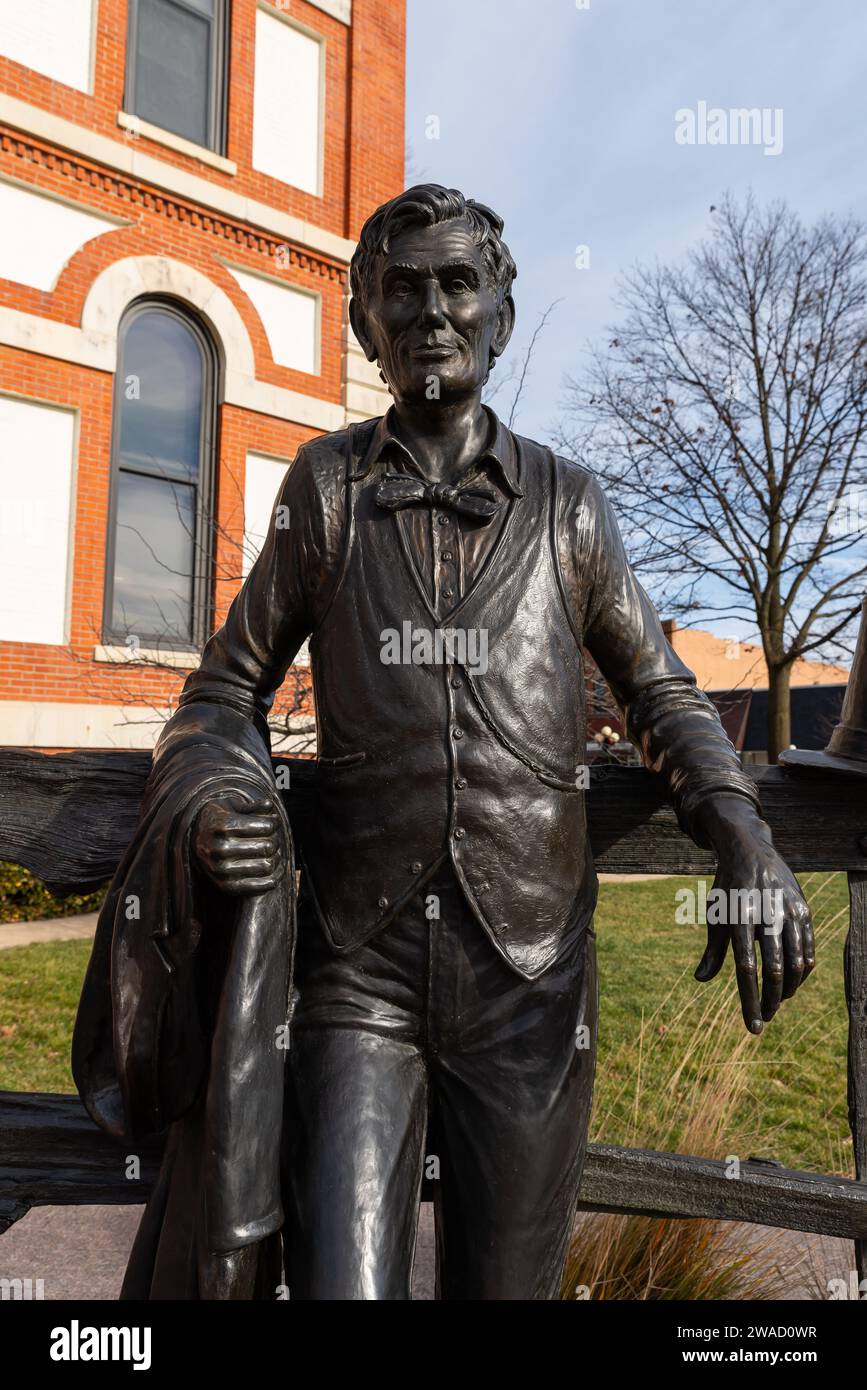 Pontiac, Illinois - United States - January 2nd, 2024: Statue 'Young Mr. Lincoln' by sculptor Rick Harney, installed in 2006, at the Livingston County Stock Photo