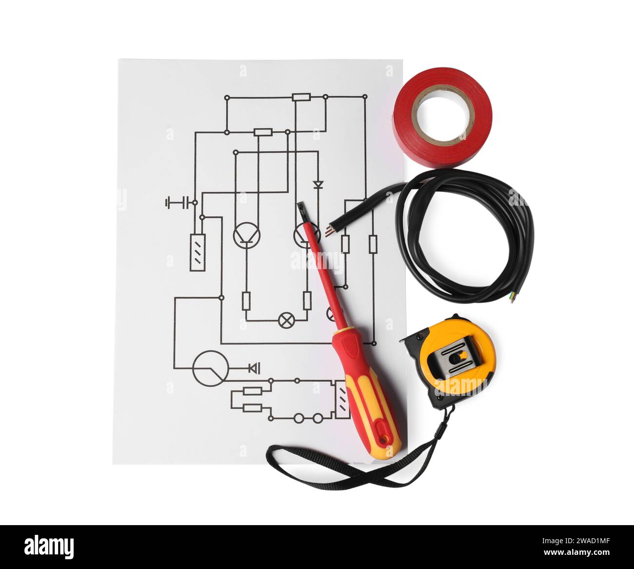 Wiring diagram, wires, screwdriver and tape measure isolated on white, top view Stock Photo