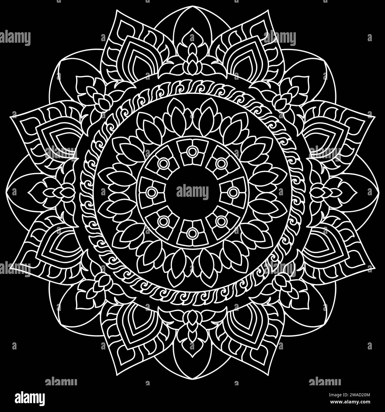 Mandala line art designs on black background. Coloring page for kids ...