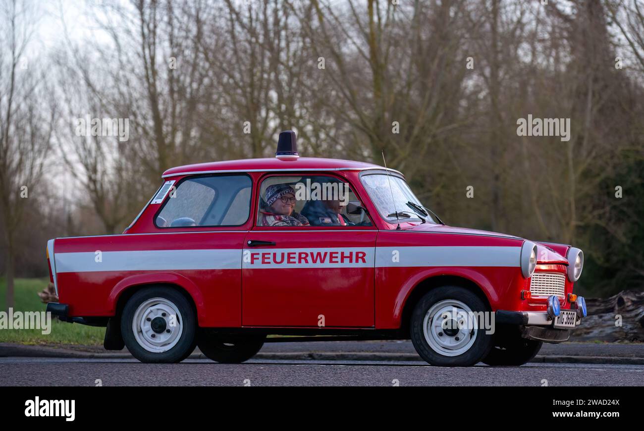 Stony Stratford,UK Jan 1st 2024.  1983 red Trabant emergency response  car arriving at Stony Stratford for the annual New Years Day vintage and classi Stock Photo