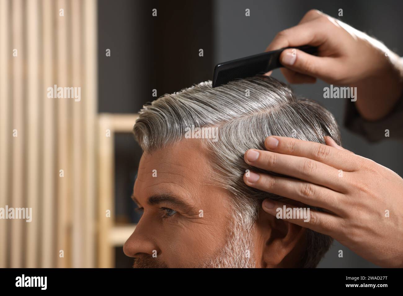 Hair styling. Professional hairdresser working with client in barbershop, closeup Stock Photo