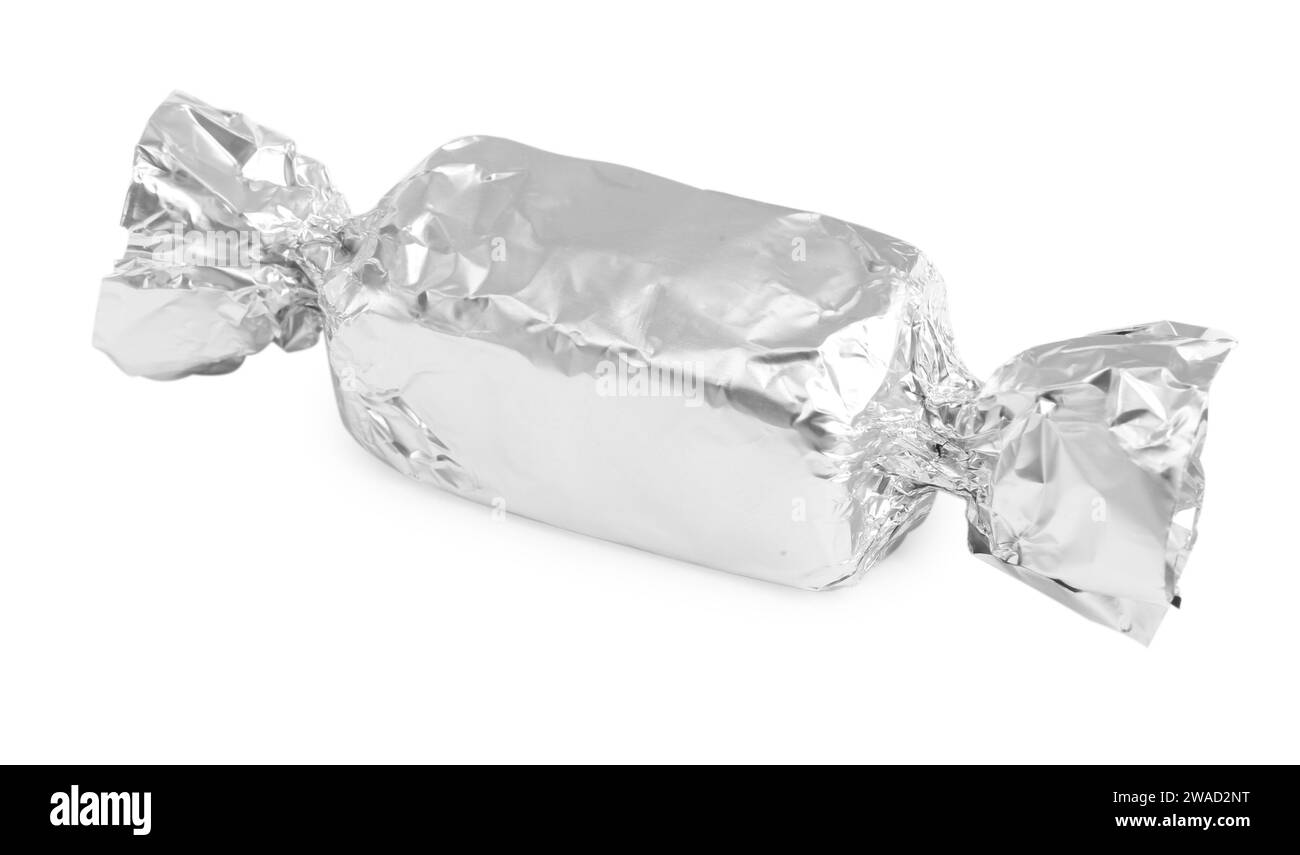 Tasty candy in silver wrapper isolated on white Stock Photo - Alamy