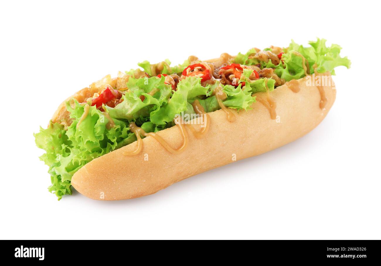 One tasty hot dog with chili, lettuce and sauce isolated on white Stock Photo