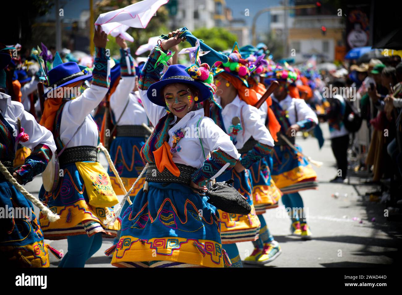 Pasto, Colombia. 03rd Jan, 2024. during the Canto a la Tierra artistic parade of the Carnaval de Negros y Blancos (Blacks and Whites Carnival) in Pasto, Narino, Colombia, January 03, 2024. Photo by: Camilo Erasso/Long Visual Press Credit: Long Visual Press/Alamy Live News Stock Photo
