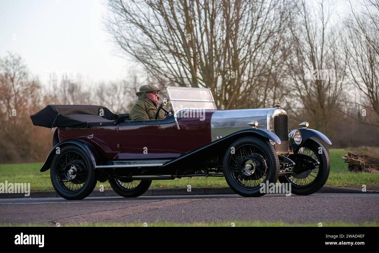 Stony Stratford,UK Jan 1st 2024. 1924 Alvis vintage car arriving at