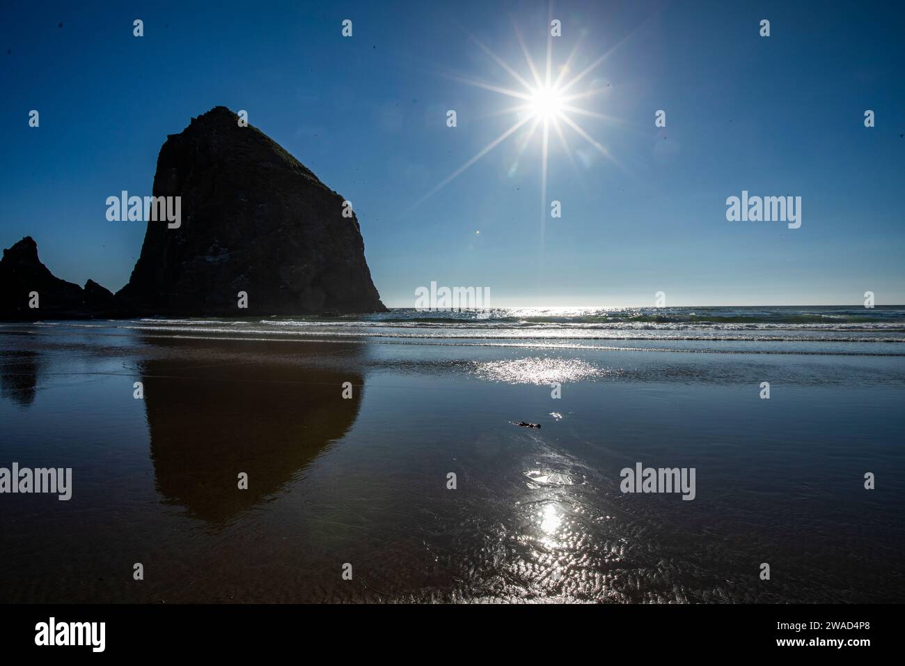 USA, Oregon, Silhouette of Haystack Rock at Cannon Beach Stock Photo
