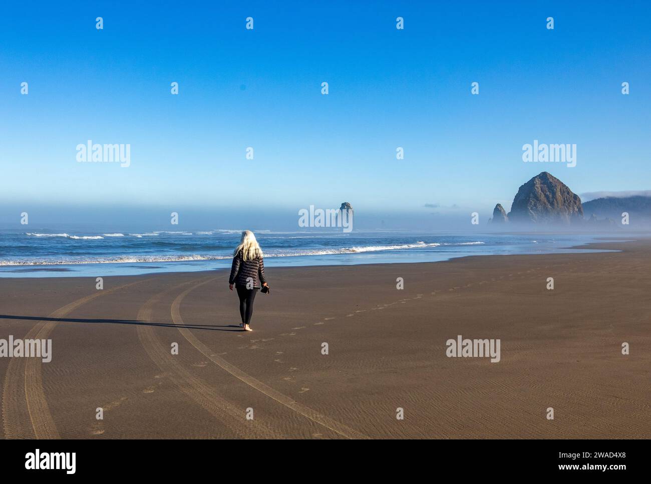 USA, Oregon, Rear view of woman walking near Haystack Rock at Cannon Beach in morning mist Stock Photo