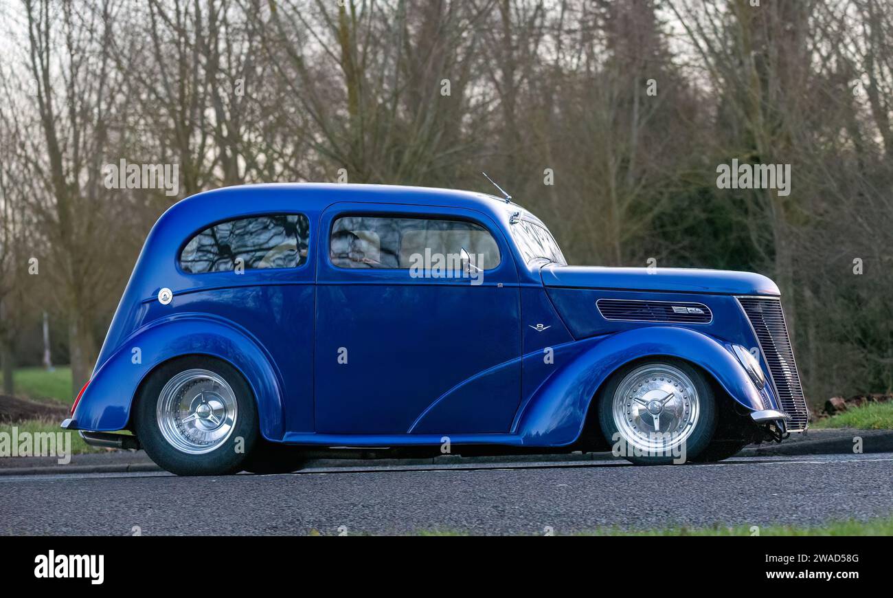 Stony Stratford,UK Jan 1st 2024. 1955 blue Ford Popular car arriving at