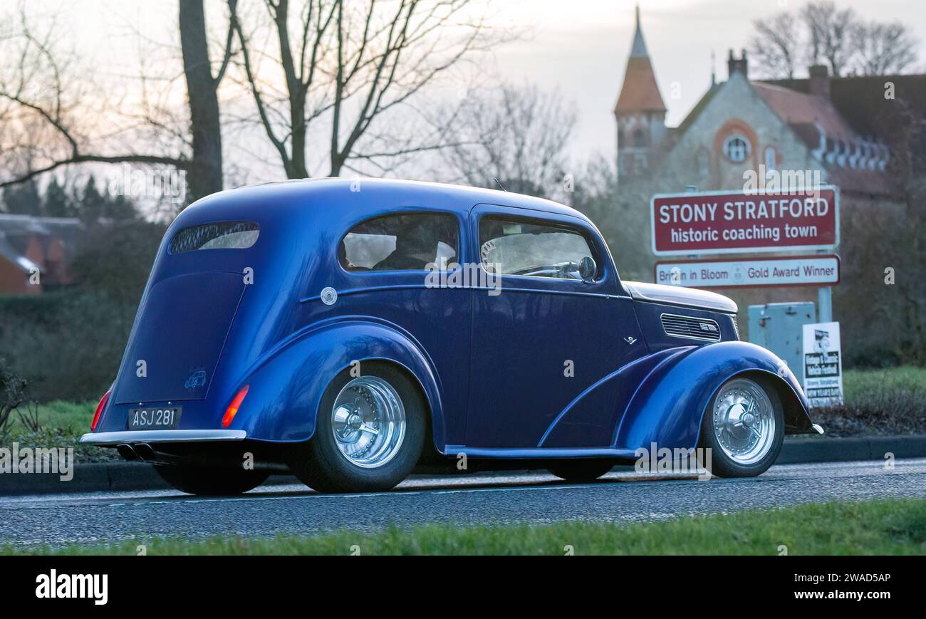 Stony Stratford,UK Jan 1st 2024. 1955 blue Ford Popular car arriving at