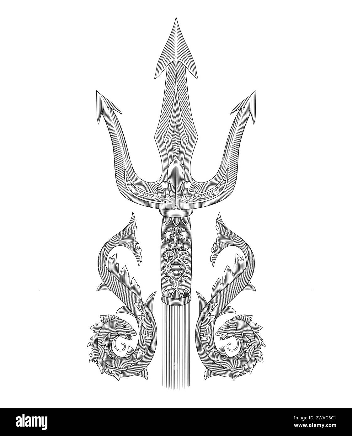 Trident poseidon with fish and floral ornament decoration, vintage engraving illustration Stock Vector