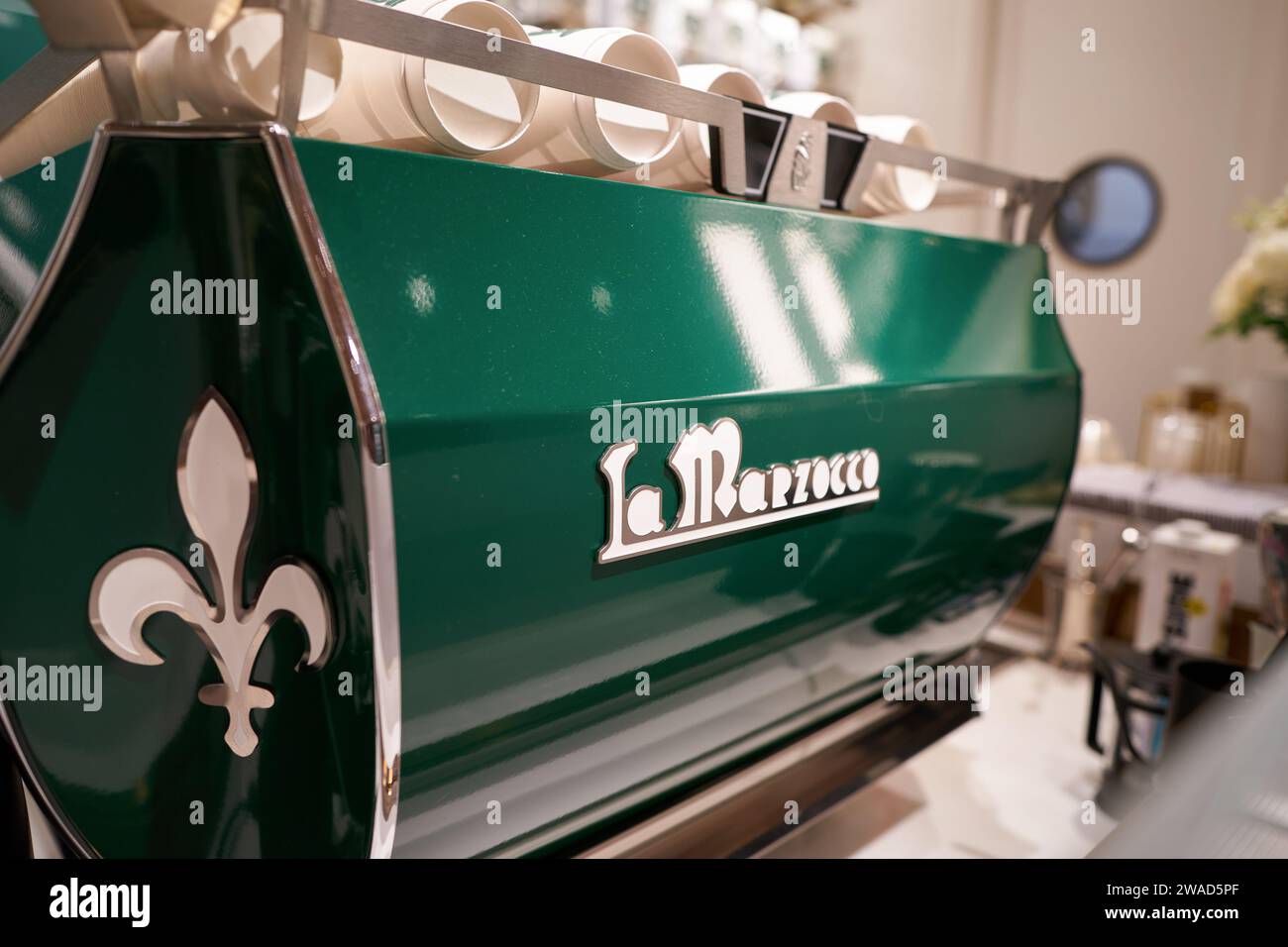 SINGAPORE - NOVEMBER 05, 2023: close up shot of La Marzocco coffee machine as seen inside Ralph’s Coffee in the Shoppes at Marina Bay Sands. Stock Photo