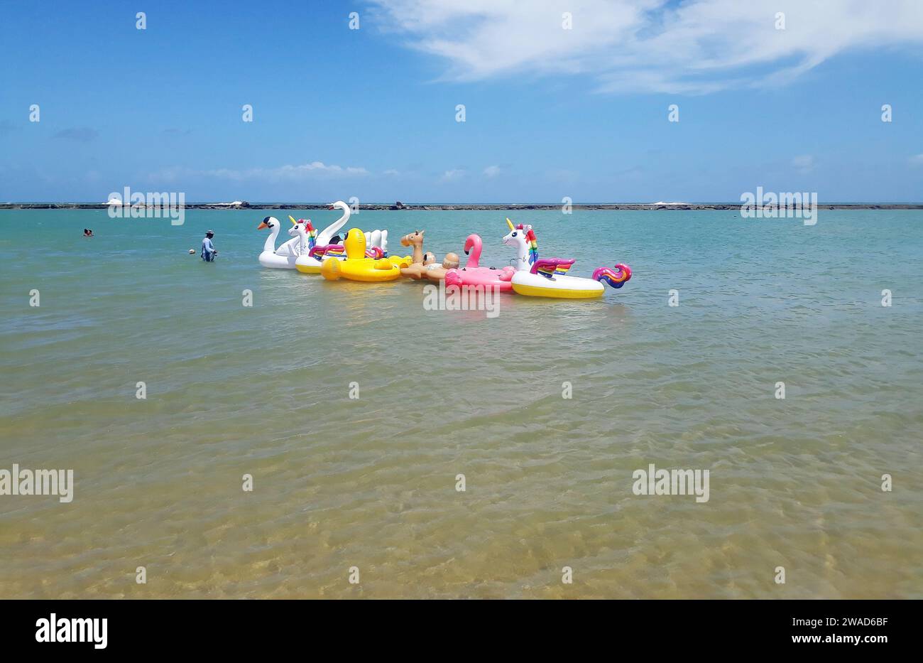 Maceió, Brazil, October 5, 2023. Buoys for tourists, on the beach of Barra de São Miguel, located in the state of Alagoas in the northeast region of B Stock Photo