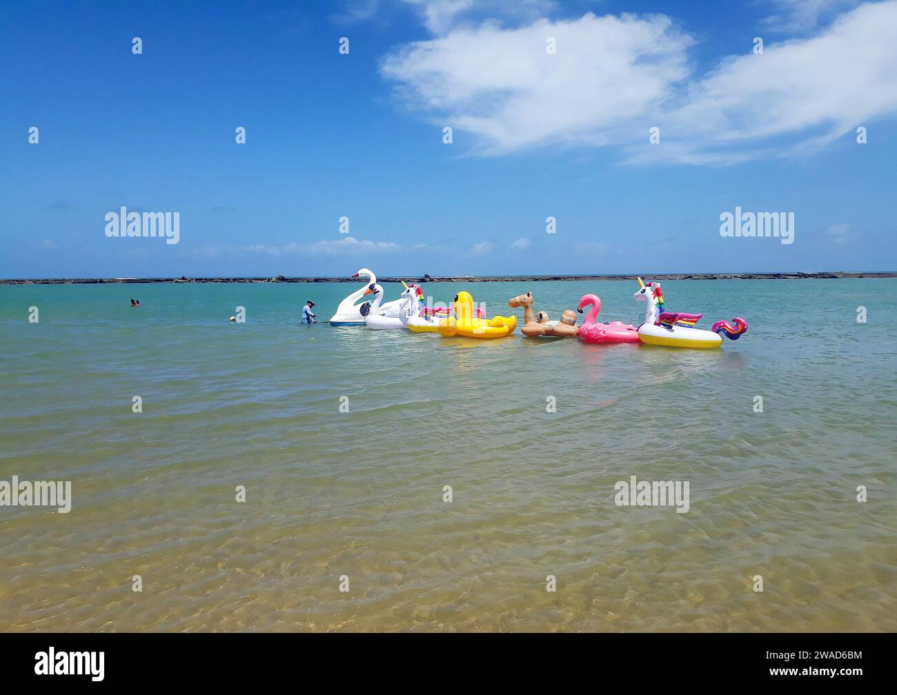 Maceió, Brazil, October 5, 2023. Buoys for tourists, on the beach of Barra de São Miguel, located in the state of Alagoas in the northeast region of B Stock Photo