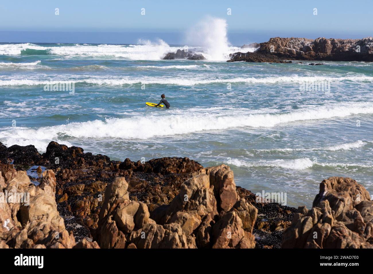 South Africa, Hermanus, Boy (10-11) surfboarding at Kammabaai Beach Stock Photo