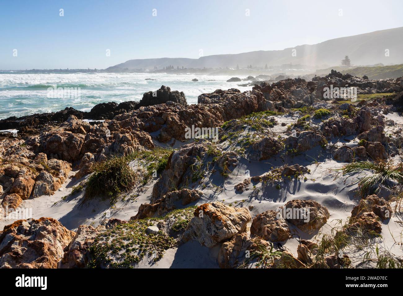 South Africa, Hermanus, Sea coast with rocks on Kammabaai Beach Stock Photo