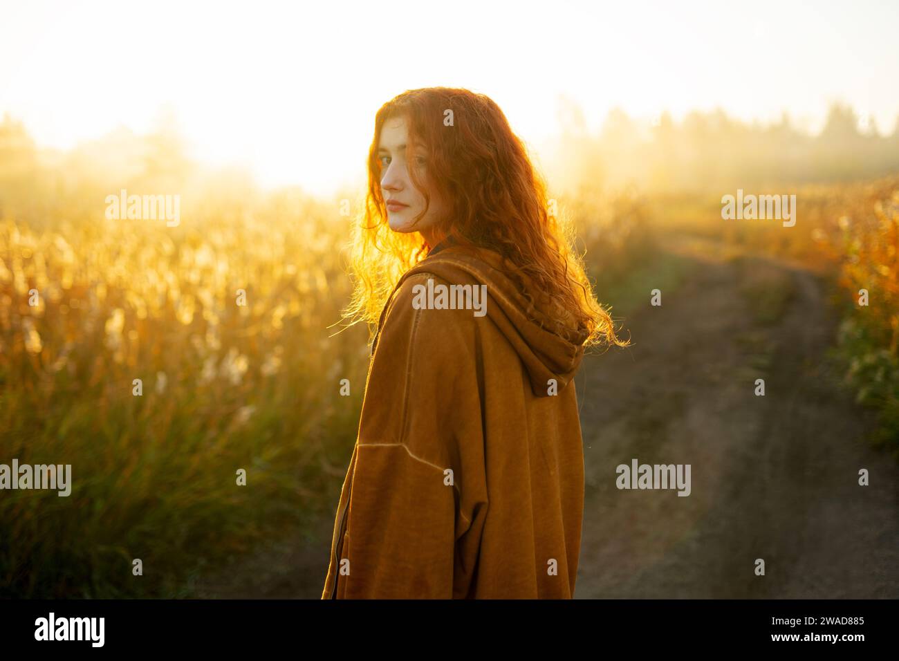 Portrait of serious woman standing in field at sunrise Stock Photo - Alamy