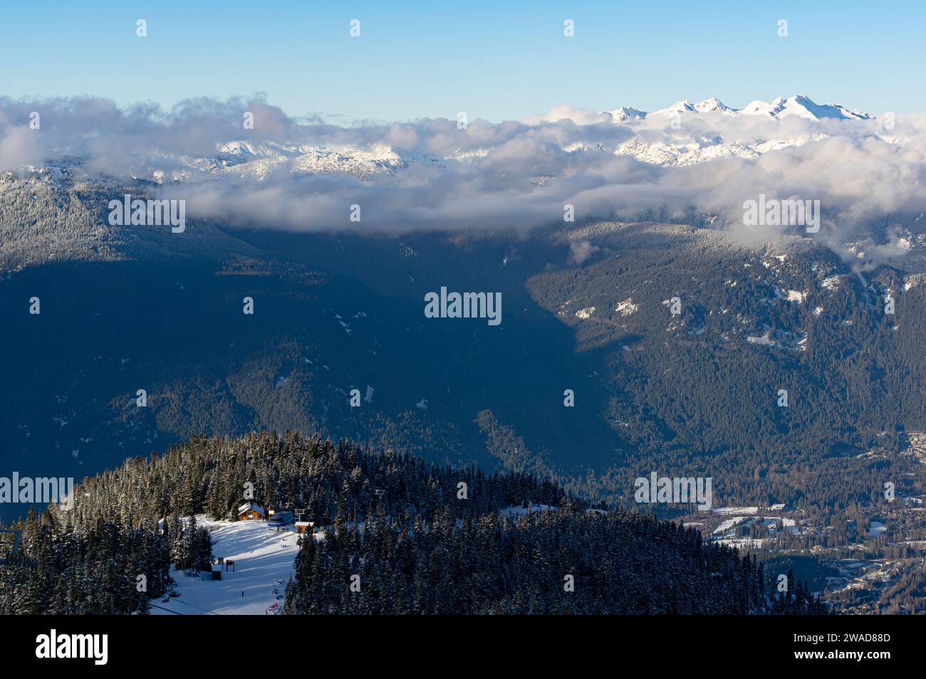 A dramatic view of snowcovered Garbo Hut and the Garbanzo Express lift