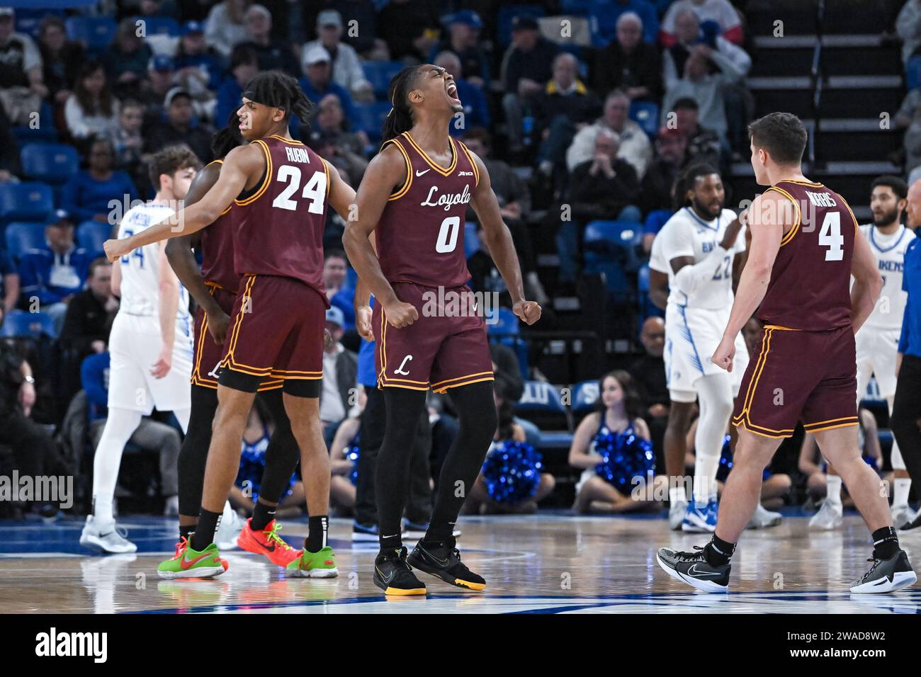 JANUARY 03, 2025 Loyola (Il) Ramblers guard Desmond Watson (0) screams