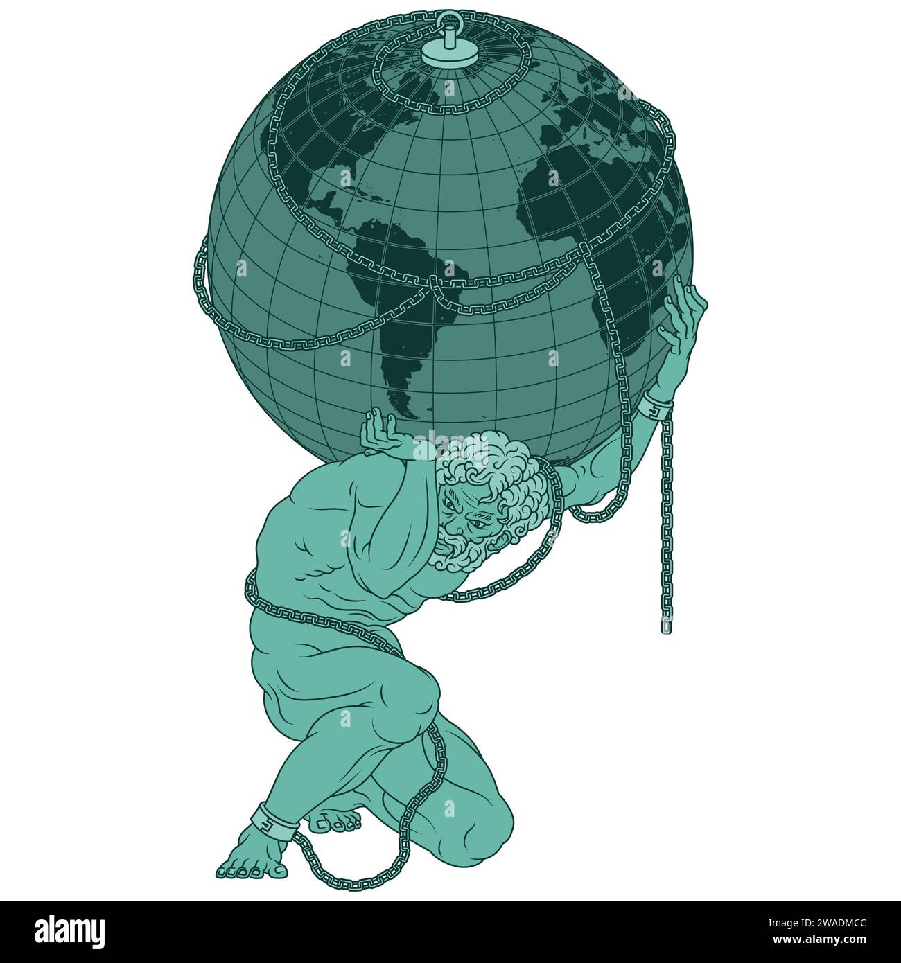 Vector design of the titan Atlas chained to the planet Earth, titan from Greek mythology holding the earth sphere Stock Vector