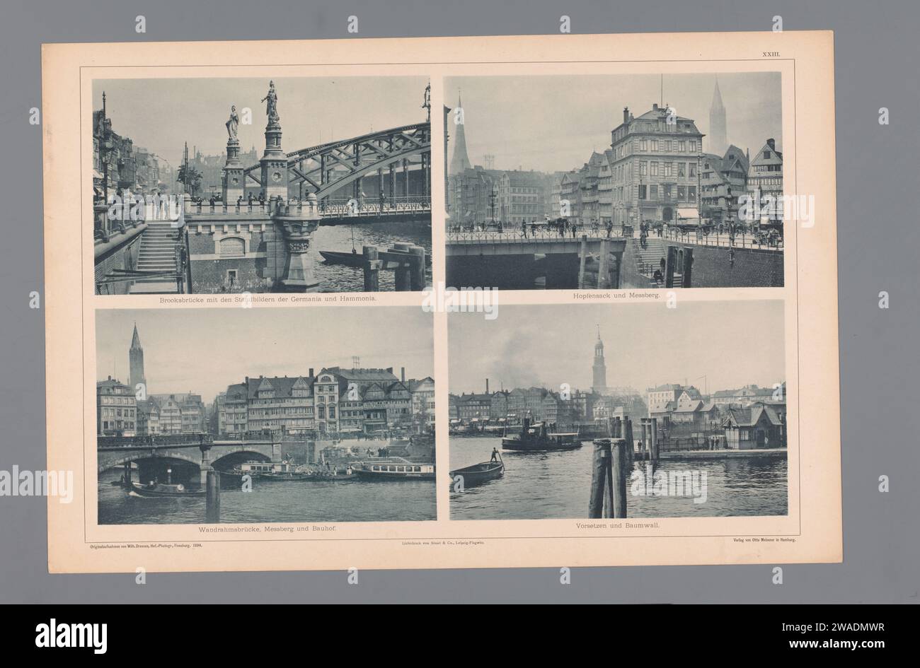 Four faces on Hamburg, depicted De Brooksbrücke, Hopfensack and Messberg, the Wandrahmsbrücke and the Baumwall, Wilhelm Dreesen, 1894 photomechanical print These prints are part of a cover with 126 prints on 37 sheets and a text sheet. Hamburgleipzig Publisher: Hamburg paper collotype bridge in city across river, canal, etc.. street Hamburg Stock Photo