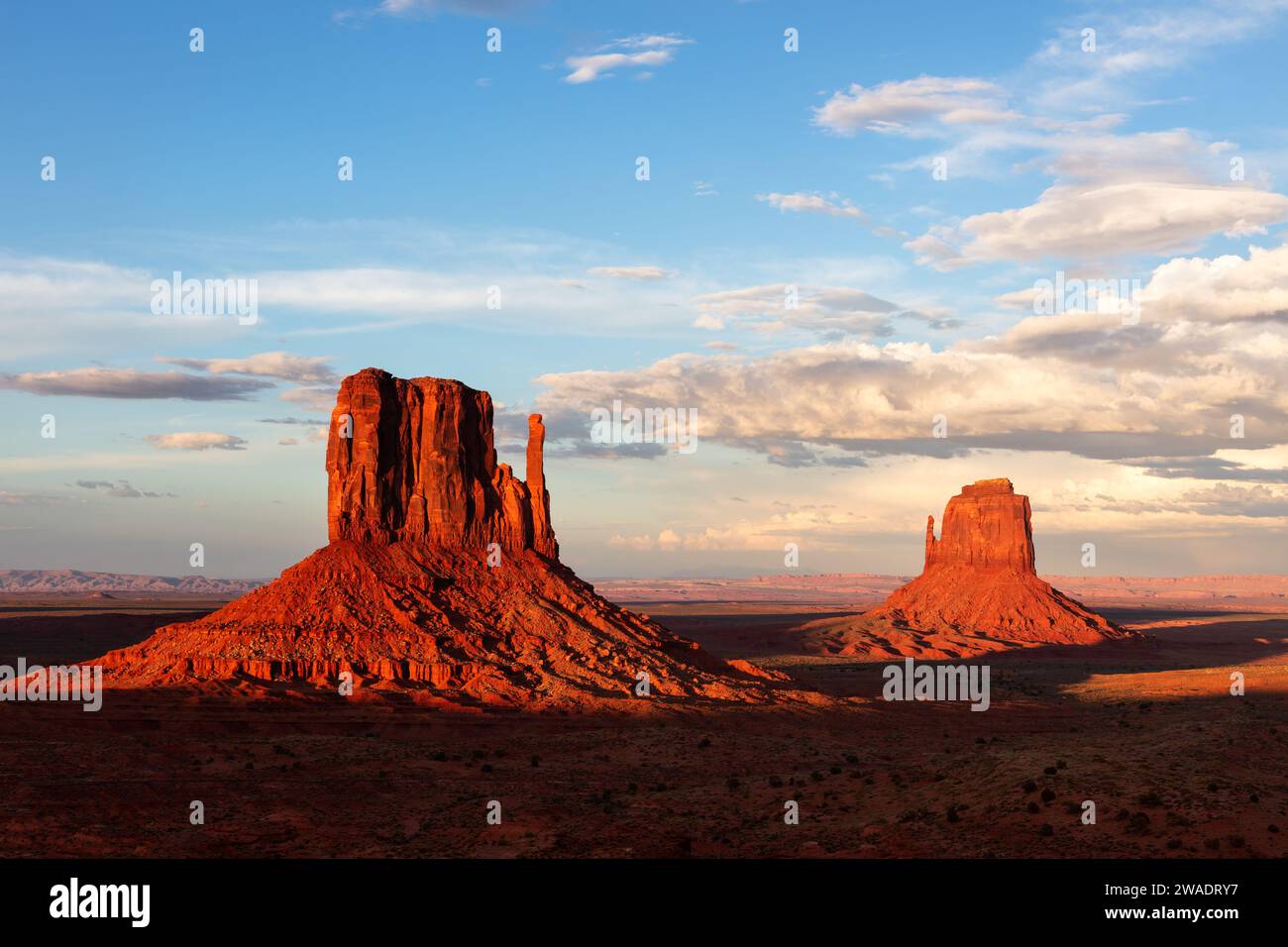 The Mittens, Monument Valley, Arizona at sunset Stock Photo