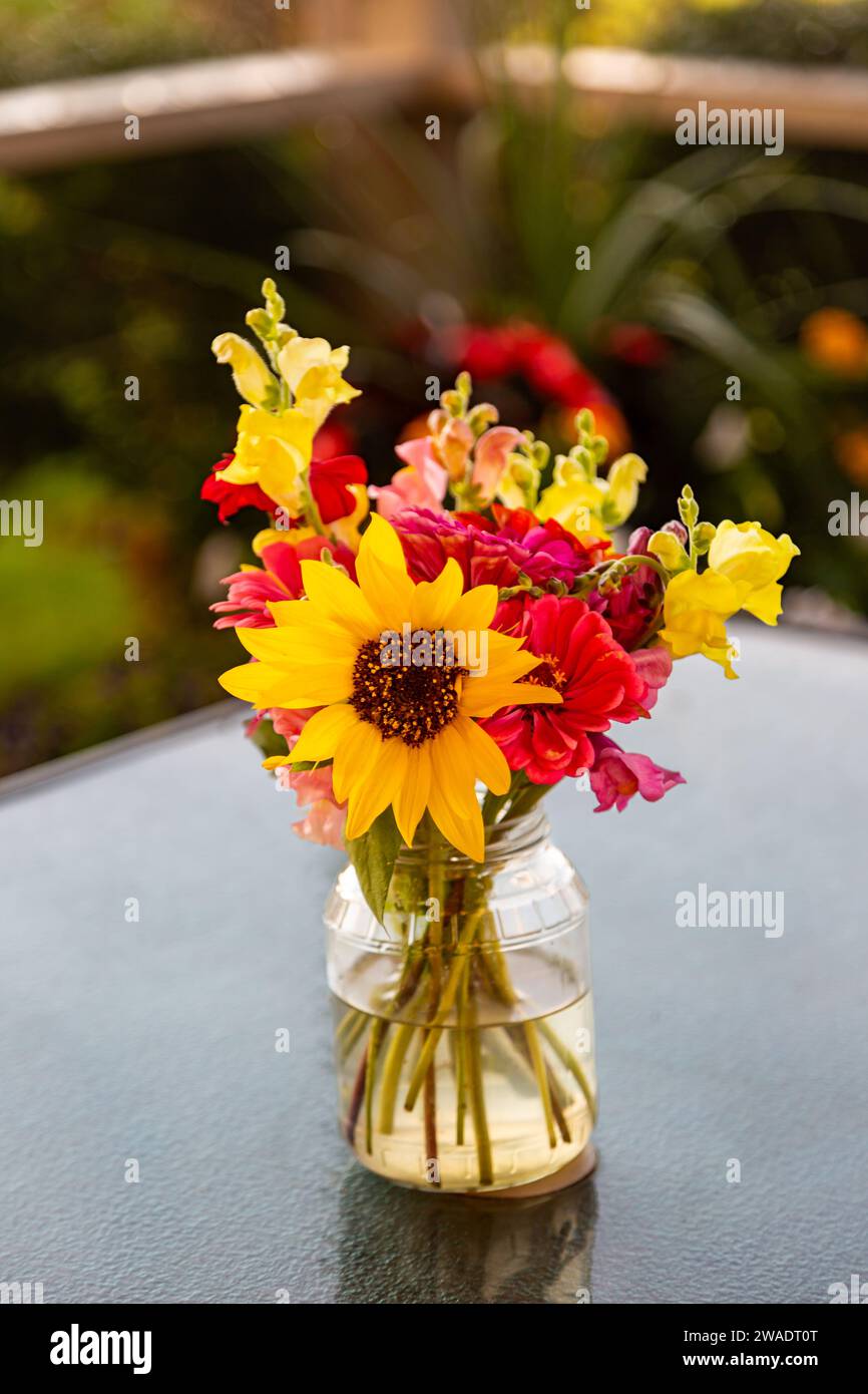 A colorful floral arrangement of freshly cut flowers in a jar of water