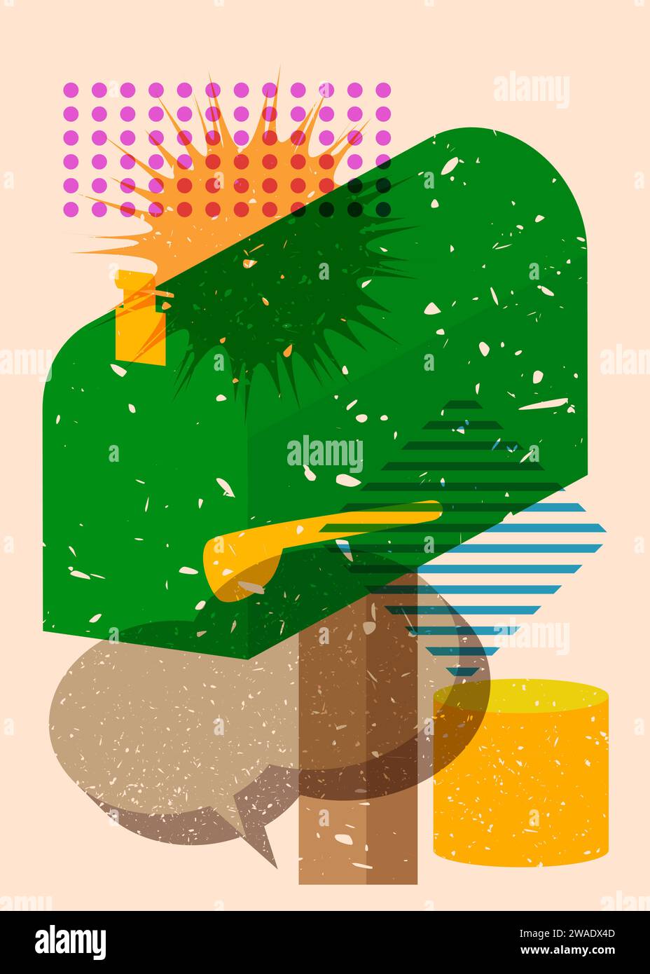 Risograph Mailbox with speech bubble with geometric shapes. Objects in trendy riso graph print texture style design with geometry elements. Stock Vector
