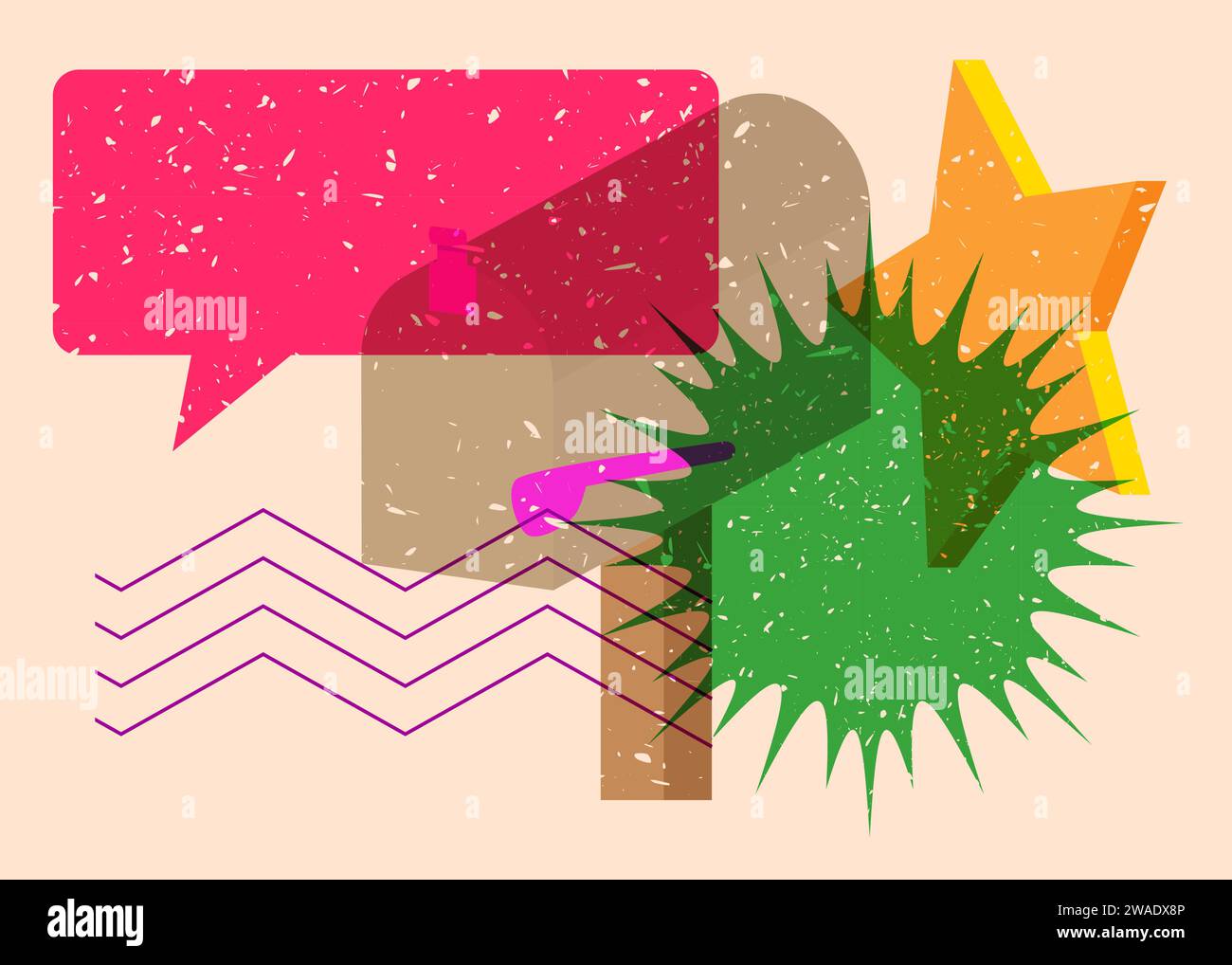 Risograph Mailbox with speech bubble with geometric shapes. Objects in trendy riso graph print texture style design with geometry elements. Stock Vector