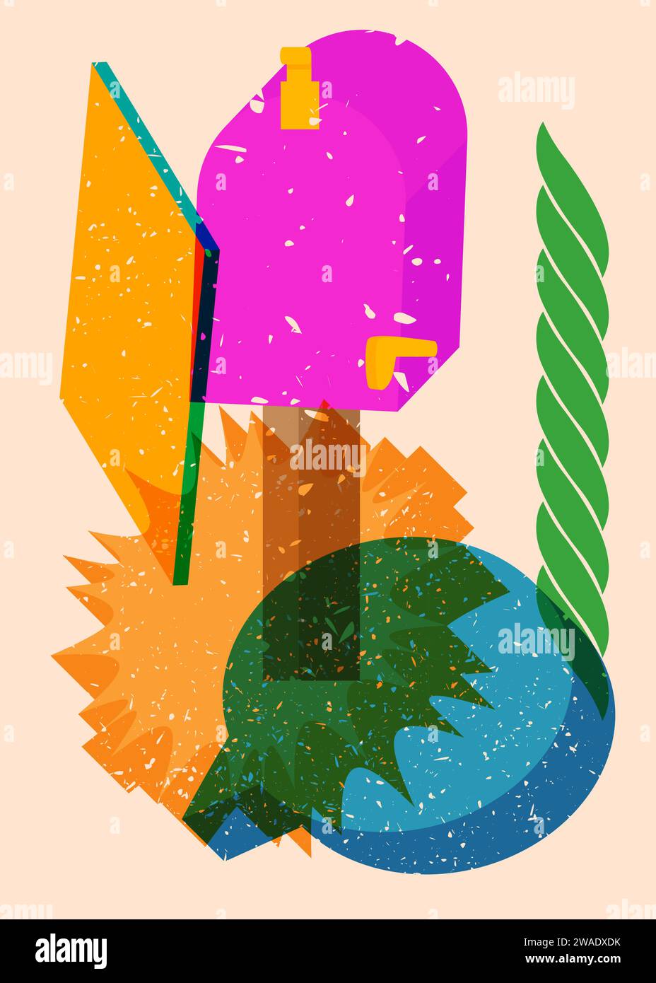 Risograph Mailbox with speech bubble with geometric shapes. Objects in trendy riso graph print texture style design with geometry elements. Stock Vector